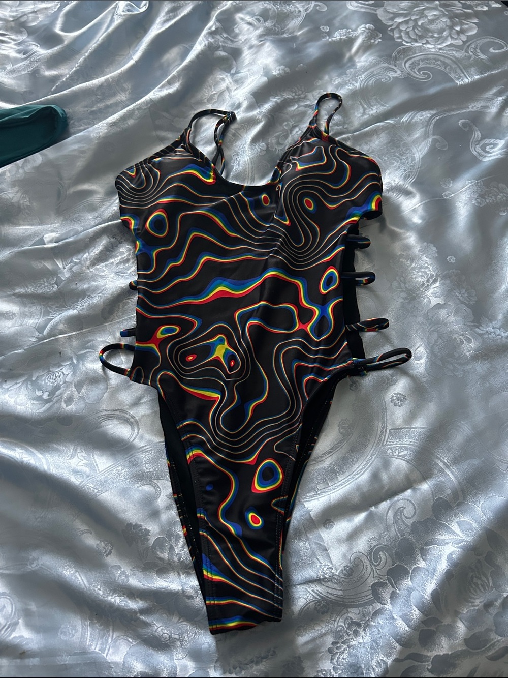 iHeartRaves Black One-Piece Swimsuit with Rainbow Topographic Print